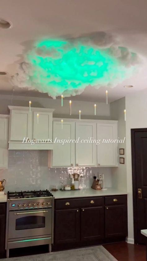 Here’s how we made our Hogwarts inspired ceiling for Halloween! ⚡️🕯️☁️What you’ll need: -cheap white sheet (Walmart)-spray adhesive (I recommend gorilla glue) -strip of LED colored lights (amazon)-2 bags of poly fill (amazon)-floating candles (amazon)And a fair warning, if putting nails into your ceiling isn’t your vibe, I’ve seen this done with command strips and poster board. However, in my experience command strips rarely come off without chipping your paint. Cut up your sheet into two piece Harry Potter Ceiling, Harry Potter Living Room, Harry Potter Floating Candles, Harry Potter Kitchen, Candle Ceiling, Harry Potter Nursery, Harry Potter Room Decor, Harry Potter Bedroom, Colored Lights