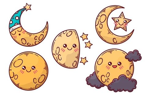 Kawaii Moon Drawing, Cute Star Illustration, Cartoon Moon Drawing, Moon Cute Drawing, Cute Moon Drawing, Moon Cartoon Drawing, Cute Moon Illustration, Moon Stars Illustration, Moon Character Design