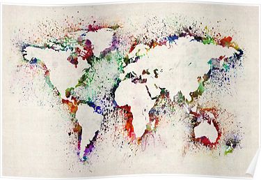 Map of the World Paint Splashes Posters Heirloom Crochet, World Map Painting, Watercolor World Map, Art Carte, Diy Canvas Wall Art, Crochet Vintage, World Map Art, Map Painting, Crayon Art Melted