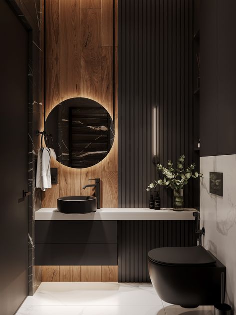 Wc Decoration, Dark Bathroom Ideas, Bathroom Design Black, Dark Bathrooms, Dark Modern, Black Toilet, Hus Inspiration, Bathroom Countertops, Black Bathroom