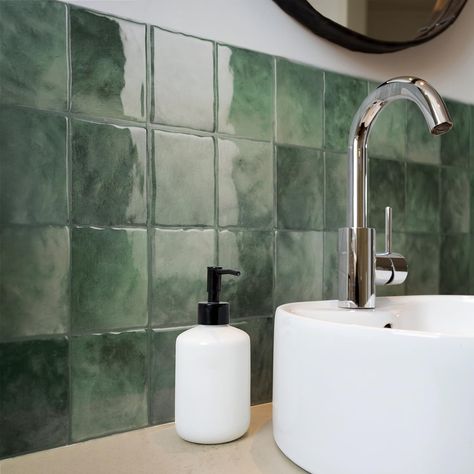 Stick On Tiles Kitchen, Tiles Zellige, Realistic Apartment, Green Tile Backsplash, Tile Zellige, Stick On Wall Tiles, Green Tile Bathroom, Apartment Decorations, Tile Backsplash Bathroom