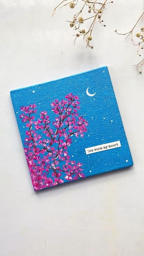 Cherry Blossom Mixed Media Art, Pai Ting Ideas Easy, Mini Sunset Painting Easy, Mini Canvas Watercolor Paintings, Mini Paintings Simple Easy, Acrylic Painting On Small Canvas, 3x3 Canvas Paintings, Simple Mini Canvas Paintings Easy, Mini Canvas Acrylic Paintings