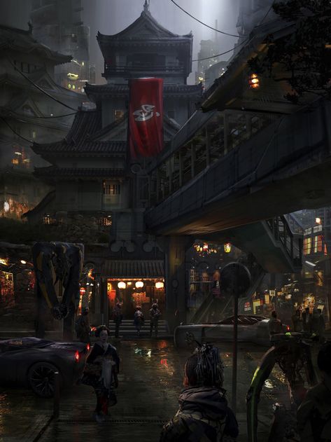 Eddie Mendoza, Art Cyberpunk, Rpg Horror, Asian Architecture, Rpg Dice, Cyberpunk City, Fantasy Places, Futuristic City, Fantasy Concept Art