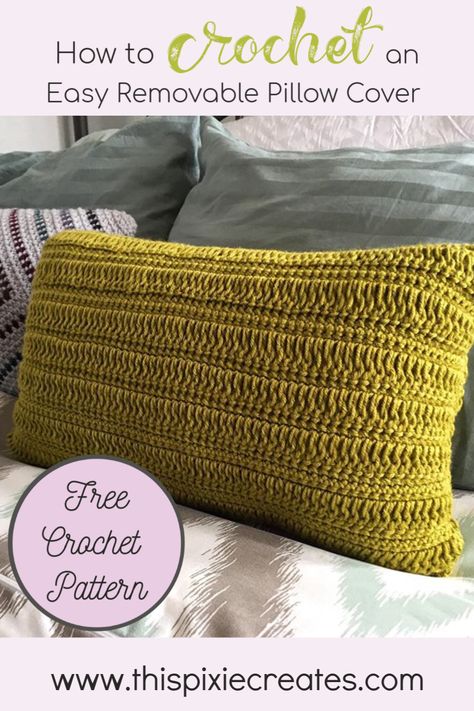 Learn how to crochet an easy 12" x 20" removable pillow cover with a zipper, and lots of texture, using basic crochet stitches. This free crochet pattern includes a photo tutorial for construction, seaming, and adding a zipper. This pillow cover is removable for washing, and will add some coziness and warmth to your space. The pillow is made using two stitches: single crochet and long double crochet. This is a great 2 skein project that will help you use up some of your yarn stash. Crochet Pillow Case Pattern, Crochet Cushion Covers, Crochet Cushion Pattern, Crochet Pillow Patterns Free, Crochet Pillow Cases, Cushion Cover Pattern, Pillow Covers Pattern, Crochet Cushion, Crochet Cushion Cover