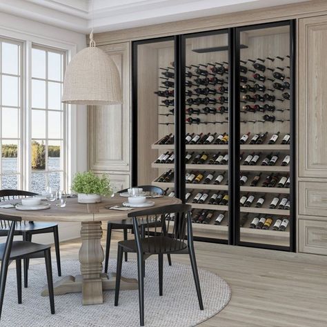 Luxury Glass Wine Cellar Wine Room Modern Glass Doors, Glass Wine Cabinets, Basement Bar Wine Storage, Minimalist Wine Cellar, Wine Cellar Ideas Modern Glass Doors, Small Home Wine Cellar, Wine Cellar In Living Room, Wine Feature Wall Interior Design, Wine Wall With Bar