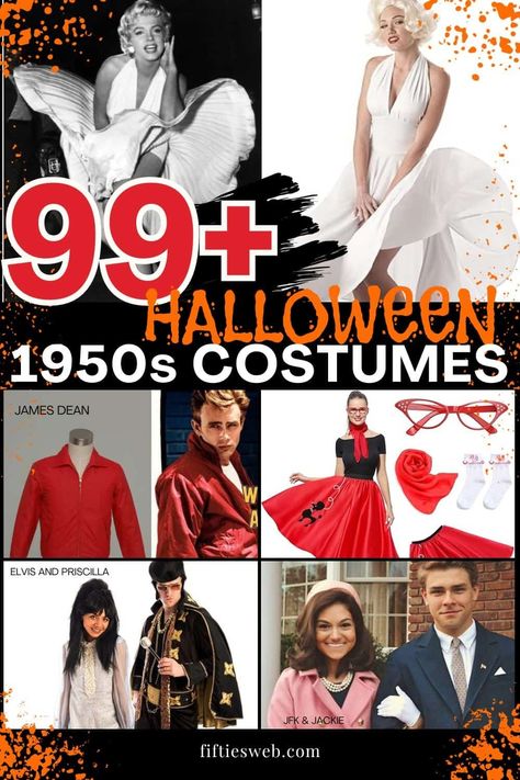 Diy 60s Costume Women, 50s Outfits Spirit Week, 1950s Couple Costume, 50’s Costumes, 60s Costume Women, 50s Costume Ideas, 50s Theme Outfit, Diy 50s Costume Women, Decades Costume Ideas