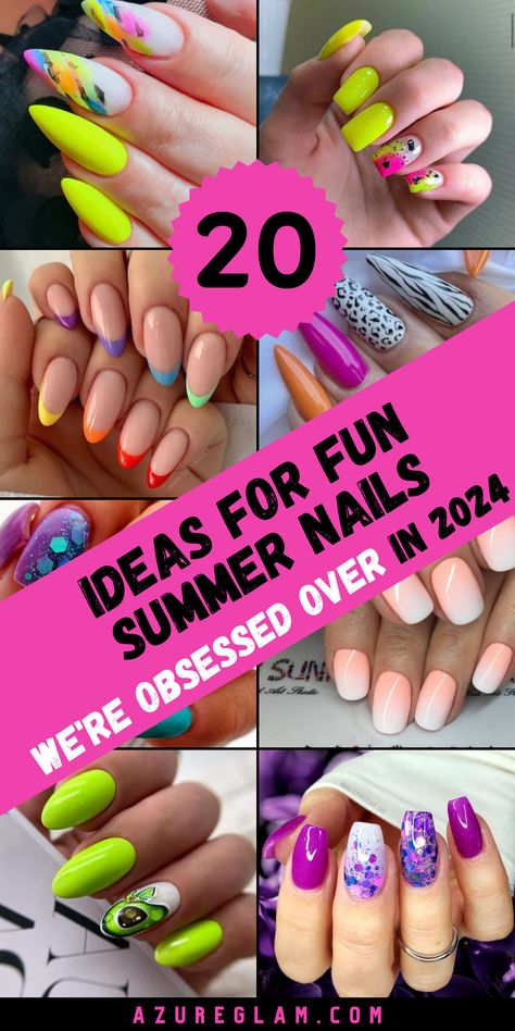 Unleash your inner diva with our show-stopping collection of fun summer nails! With 20 eye-catching designs to choose from, including bold acrylics and intricate patterns, you'll be sure to turn heads wherever you go. Whether you prefer short and sweet or long and colorful, we have the perfect nails to match your style and make a statement this summer. Let the fun begin with our vibrant nail colors and designs! Super Bright Nails, Fuchsia Nail Designs, Multi Color Nails Summer, Fun End Of Summer Nails, Summer Nails Multiple Colors, Simple Colorful Nail Designs, Fun Nail Designs Acrylic, Unique Nail Designs Summer Color Combos, Diva Nails Designs