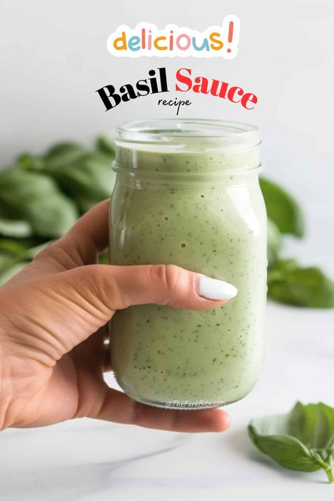 Make a delicious, creamy basil sauce in minutes! This vibrant recipe bursts with fresh basil, garlic, Parmesan, and a hint of lemon. Garlic Basil Sauce, Basil Yogurt Sauce, Basil Dipping Sauce, Ideas For Fresh Basil, Basil Vinegar Recipe, Creamy Basil Sauce, Healthy Basil Recipes, What To Do With Fresh Basil, Recipes Using Basil