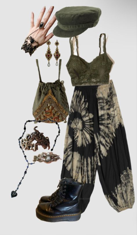 Witch Spring Outfits, Whimsical Goth Aesthetic Outfits, January Witch, Sea Witch Aesthetic Outfit, Dark Boho Outfits, Boho Grunge Outfits Summer, Misty Day Outfits, Earth Goth, Summer Witch Outfits