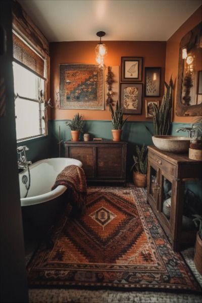 western boho bathroom Dark Rustic Bathroom Ideas, Bathroom Decor Terra Cotta, Master Bath Remodel Bohemian, Wood Panels Bathroom Wall, Western Home Bathroom, Rust Bathroom Walls, Cute Western Bathroom Ideas, Boho Bathroom Shower Ideas, Ranch House Aesthetic Interior