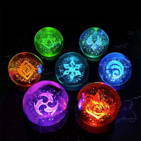 7 Elements, Crystal Balls, Lighted Ornaments, Wooden Base, Crystal Ball, Genshin Impact, Three Dimensional, Night Light, Led Lights