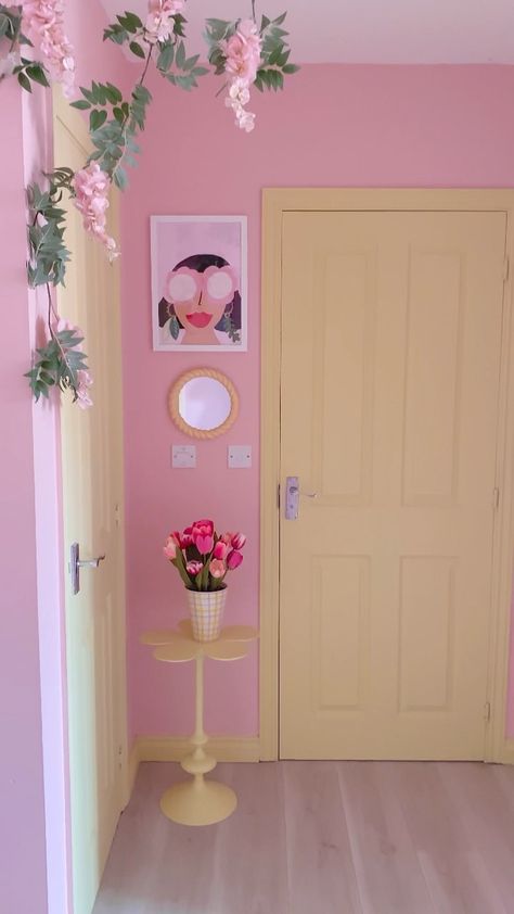 Pink Blue Yellow Decor, Pastel Salon Decor, How To Make Room Brighter, Pink Yellow Room Decor, Pink And Yellow Interior, Yellow And Pink Office, Pink And Yellow Room Ideas, Blue Pink And Yellow Bedroom, Pink And Yellow Walls