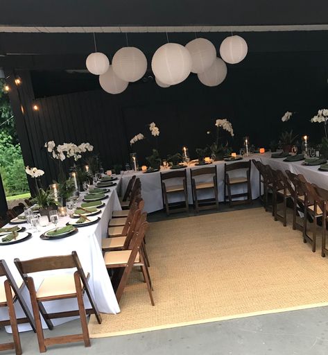 Birthday Hall Set Up, Balayage, Dinner Party At Restaurant Decor, Garage Dinner Party, Garage Makeover For Party, Cheap Dinner Party Decor, U Shaped Dinner Party, Hibachi Dinner Party Table Decor, Long Dinner Table Party