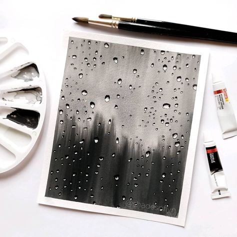 Raindrop Acrylic Painting, How To Paint Blurry, Blurry Background Painting, Gouache Rain Painting, Rain Painting Ideas, Rain Drops Painting, Rain Painting Easy, Raindrops Watercolor, Rain Painting Acrylic