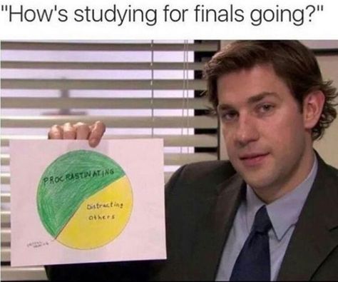 Jim Halpert meme about how studying for finals is mainly procrastination and outside distractions. Funny School, College Memes, Classroom Hacks, College Quotes, Work Fun, Office Memes, Funny School Memes, School Quotes Funny, Bd Comics