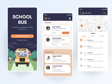 School Bus Tracking App UI by Krunal Ramoliya Bus App, Scheduling App, School Apps, Tracking App, Delivery App, Mobile App Ui, App Ui Design, Ux Web Design, Adobe Xd