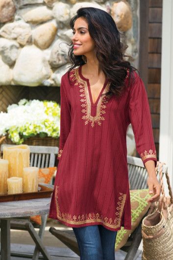 Kashmir Tunic I - Striped Tunic, Red Tunic Top, Sequin Tunic | Soft Surroundings Look Hippie Chic, Red Tunic Top, Tunic Outfit, Indian Tunic, Bohemian Mode, Red Tunic, Womens Clothes, Women Tunic Tops, Desi Fashion