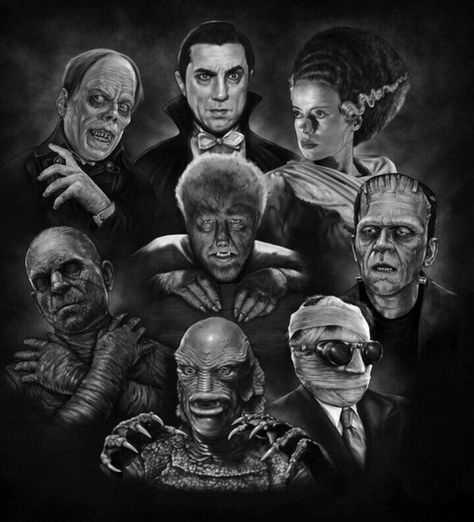 UNIVERSAL MONSTERS Universal Monsters Tattoo, Universal Monsters Art, Hollywood Monsters, Frankenstein 1931, Universal Studios Monsters, Classic Monster Movies, Wolf Man, Horror Movie Icons, Horror Monsters