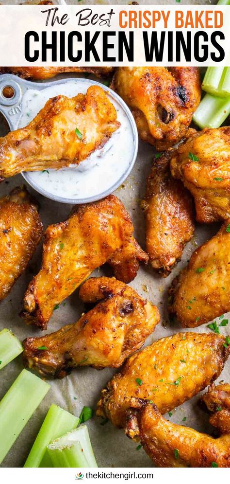 image: crispy baked chicken wings and celery sticks with ranch dressing in vintage measuring cup. Title text: The Best Crispy Baked Chicken Wings Healthy Baked Wings Oven, How To Make Wings Crispy In Oven, Baked Chicken Wings Oven Easy, Baked Chicken Party Wings Recipes, Game Day Chicken Wings, How To Bake Wings In The Oven, Oven Fried Chicken Wings Baking Soda, Oven Baked Party Wings, Gluten Free Wings Oven Baked