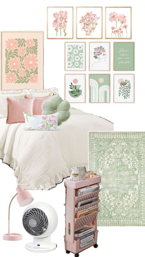 Green Bedroom With Pink Accents, Pastel Dorm Aesthetic, Pink Cream And Green Bedroom, Pink White Gold Green Bedroom, Pink Green And White Dorm Room, Sage And Light Pink Bedroom, Pink Sage And White Bedroom, College Apartment Bedroom Green, Room Decor Green And Pink