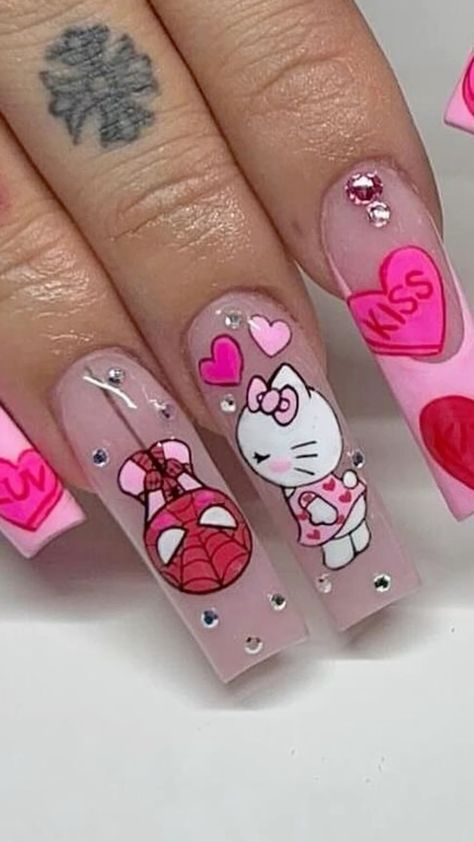 Long Square Acrylic Nails Hello Kitty, Spiderman X Hello Kitty Nails, Hello Kitty Red Nails, Spiderman And Hello Kitty Nails, Hello Kitty Nail Art Designs, Acrylic Nails Drawing, Hello Kitty And Friends Nails, Hello Kitty Nails Design, Hello Kitty Nails Simple