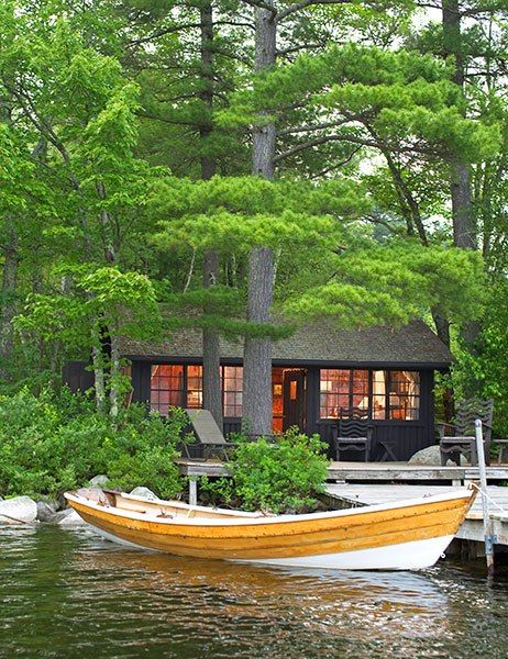 The 35 homey wood-paneled cottages of Migis Lodge are nestled amid 125 pine-forested acres on the shores of southern Maine’s Sebago Lake Luxe Lodge, Little Cabin In The Woods, Calloway Sisters, Rustic Luxe, Cottage Cabin, Lake Living, Little Cabin, Dream Cottage, Lake Cottage