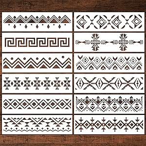 Keluna Aztec Stencils for Painting - 12 Pcs Boho Borders Pattern Stencils for Painting, Reusable DIY Stencils for Painting on Wood Canvas Wall, Basic Aztec Tribal Stencils Template for Painting Tela, Diy Stencils For Painting, Borders Pattern, Mandala Feather, Boho Drawing, Leaf Wall Stencil, Diy Stencils, Geometric Stencil, Stencils For Painting