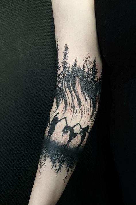 Witchy Pagan Tattoo, Witchcraft Sleeve Tattoo, Viking Inspired Tattoos For Women, Witchy Tattoos Leg Sleeve, Witchy Sleeves Tattoo, Gothic Tattoo Back, Pagan Witch Tattoo, Witchy Tattoos Colorful, High Fantasy Tattoo