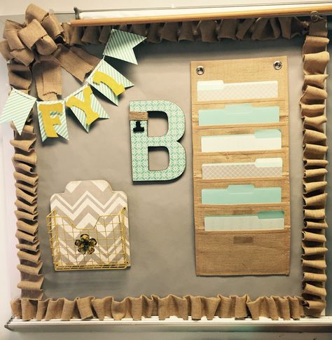 Love the way this turned out! Definitely fits perfectly with my 'shabby chic' theme in my classroom! Bulletin Board With Burlap Border, Patchwork, Organisation, Bulletin Boarder Storage, Missing Work Bulletin Board, Parent Corner Bulletin Boards, Info Bulletin Board Ideas, Pretty Bulletin Boards, Burlap Border Bulletin Board