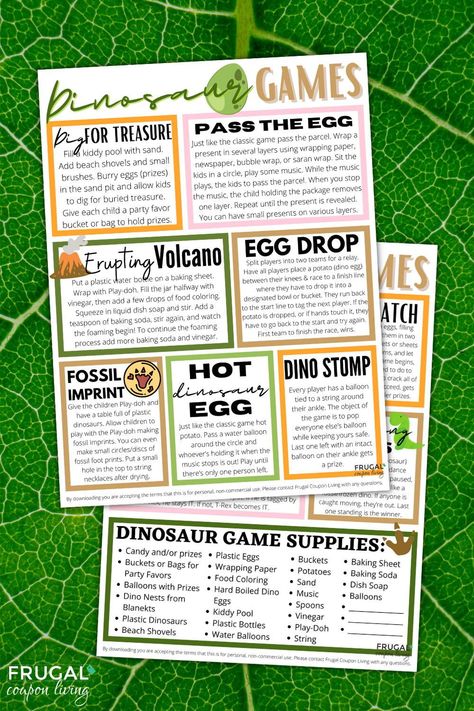 It's a Jurassic party! Young dinosaur fans will love these dinosaur party games. Download, print and enjoy 11 dinosaur-themed activities that will guarantee a roar-tastic party for a birthday guy (or gal) and their party guests. #FrugalCouponLiving Dinosaur Crafts For Birthday Party, Jurassic Park Birthday Party Activities, Dinosaur Games For Adults, Dinosaur Party Games Activities, How Do Dinosaurs Stay Friends Activities, Games For Dinosaur Birthday Party, Dinosaur Themed Party Games, Jurassic Park Party Activities, Dinosaur Themed Party Favors