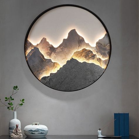 This is a perfect combination of wall sconces and paintings, its rich layers enhance the overall feel of the design, simple yet luxurious, suitable for any modern style home environment. This wall light is made of aluminum and rock material, which is durable and rustproof. Available in black and white, it is a work of art no matter where it is placed. These wall sconces are lights at night and paintings during the day, perfect for the entryway, bedroom, tea room, study, living room and other ... Scenery Painting On Wall, Mountain Design On Wall, Modern Wall Lights Bedroom, Light Up Wall Art, Mountains Wall Mural, Mountain Wall Design, Modern Mountain Home Interiors, Mountain Modern Home Interiors, Wall Decor With Led Lights