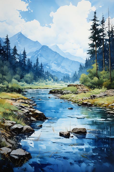 Landscapes In Impressionist Watercolor Style mountain lake Nature Scenery Watercolor Painting, Watercolor Big Painting, Watercolour Mountains Landscapes, Watercolor Scenery Landscape Paintings, Mountain Lake Drawing, Mountains Painting Watercolor, Mountain Painting Watercolor, Mountain Scenery Painting, Lake Watercolor Painting