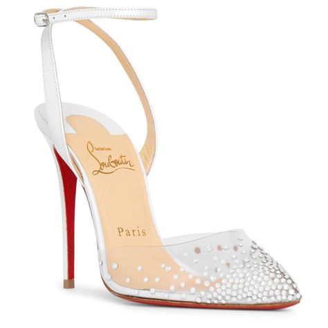 White Shimmer Leather And Transparent Pumps From Christian Louboutin. The Spikaqueen Has Transparent Uppers Adorned With White Crystal Embellishments, A Leather Ankle Strap With Buckle Closure And A Heel Measuring 100mm. Signature Red Leather Sole Made In Italy Christian Louboutin Heels Wedding, Louboutin Heels Wedding, White Louboutin Heels, White Louboutin, Louboutin Wedding Shoes, Christian Louboutin Wedding, Christian Louboutin Wedding Shoes, Red Bottom Heels, Beautiful Wedding Shoes