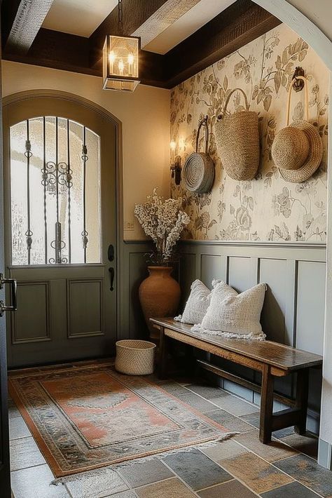 Entryway Corridor Ideas, Entryway Ideas Cottage, Cottage Mudroom Ideas, Cottage Foyer Entryway, Long Entryway Wall Ideas, London Entryway, Cottage Entryway Ideas, Mudroom Cottage, Different Decor Styles