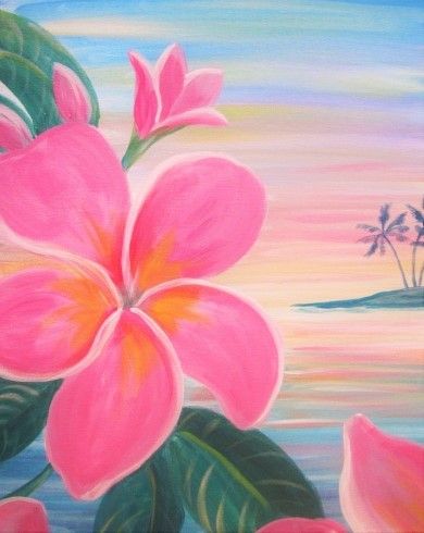 Learn to Paint Pretty in Pink Plumeria tonight at Paint Nite! Our artists know exactly how to teach painters of all levels - give it a try! Cute Stuff To Paint On A Canvas Easy, Pink Flowers To Paint, Plumeria Art Painting, Beach Flowers Painting, Pretty Pink Paintings, What To Draw With Paint, Pictures To Paint Ideas, Paintings Pink Aesthetic, Hawaii Flower Painting Easy