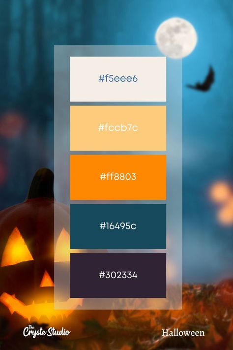 Modern Halloween Color Palette, Halloween Color Palette Hex Code, Halloween Hex Codes, Halloween Pallete Color, Hocus Pocus Color Palette, Halloween Color Palettes, Color Palette Halloween, Vintage Halloween Color Palette, Halloween Color Pallete