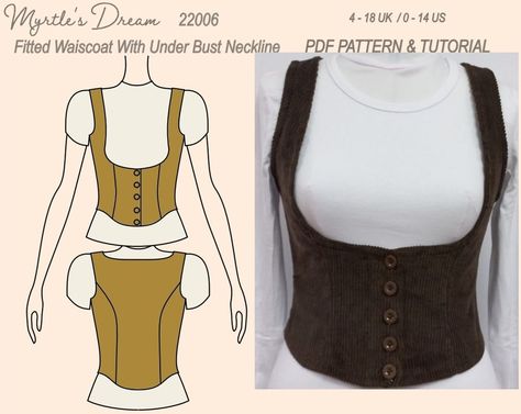 Pattern. Fitted waistcoat, with under bust neckline. In sizes 4-18 UK. Easy sewing project. Couture, Fitted Waistcoat, Advanced Sewing Projects, Waistcoat Pattern, Plus Size Vests, Diy Sewing Clothes, Mccalls Patterns, Ruffled Sleeve Top, Puffed Sleeves Dress