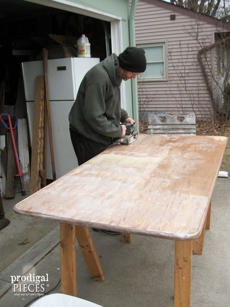 Sanding Farmhouse Table Top | Prodigal Pieces | www.prodigalpieces.com Limewash Table Top, Limewash Wood, Shortening Jeans, Farmhouse Table Top, Pine Table And Chairs, White Washed Pine, End Table Makeover, Dining Table Makeover, Kitchen Table Chairs