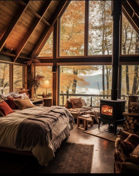 Forest Cottage Aesthetic Bedroom, Winter Cabin Bedroom Aesthetic, Beautiful Homes In The Woods, Dream Cabin Interior, Romantic Cabins In The Woods, Aesthetic Cabin Interiors, Maine Cottage Aesthetic, Small Mountain Cabin Interior, Cosy Cabin Aesthetic