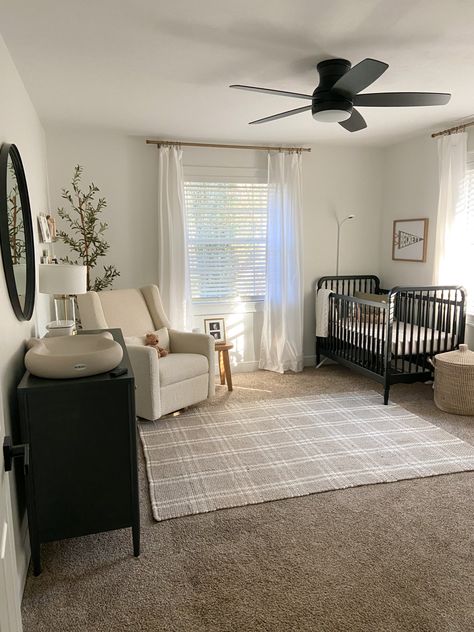 Bot Baby Nursery, Nursery And Computer Room, Nursery With Tan Carpet, Nursery With Beige Walls, Nursery With Two Windows, Nursery With Crib In Corner, Carpet In Nursery, Nursery Ideas With Carpet, Nursery With Oak Trim