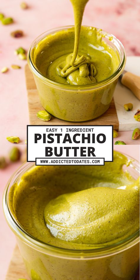 pistachio butter being drizzled into a glass jar showing the runny consistency. Diy Pistachio Butter, Healthy Foods And Drinks, Pistachio Nut Butter, Pistachio Milk Recipe, Homemade Pistachio Butter, Homemade Pistachio Cream, Pistachio Breakfast Recipes, How To Make Pistachio Butter, Homemade Healthy Treats