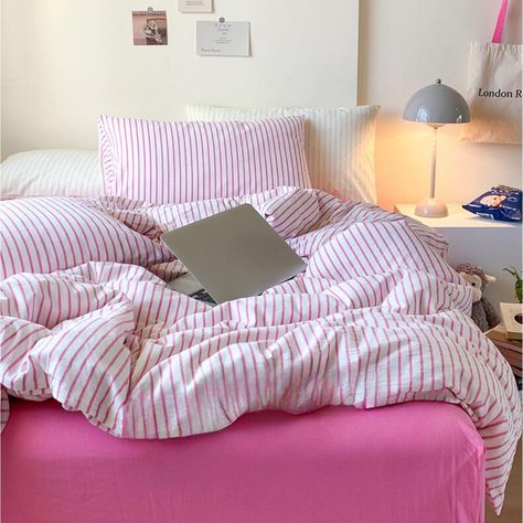 Set the tone for a chic and stylish sleep sanctuary with our Insta-Chic Bright Stripe Cotton 4-Piece Bedding Set. This eye-catching bee pink design has just the right amount of pop to spruce up your sleeping space, whatever the bed size. Get ready to love your bed even more! #CottonComfortSleep #SoftBeddingSets #SoftBeddingSets#beddingsets Girly Bedding Aesthetic, Sheet And Duvet Color Combinations, Pink Striped Duvet, Trendy Duvet Covers, Pink Plaid Bedding, Cute House Decor Bedroom, Light Pink Bed Sheets, Color Pop Bedroom, Pink Striped Bedding