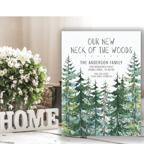 Our New Neck of the Woods Pine Spruce Trees Moving Announcement Postcard Moving New House, Moving Announcement Postcard, Spruce Trees, New House Announcement, Moving Announcement, Spruce Tree, Moving Announcements, New Address, Announcement Cards