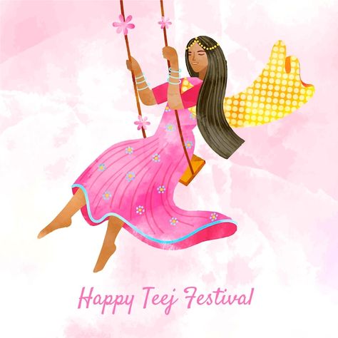 Vector hand painted watercolor teej fest... | Premium Vector #Freepik #vector #happy-teej #teej #hinduism #india-festival Teej Photoshoot Idea, Happy Teej, Teej Festival, Festival Illustration, Kitty Party, Cat Party, Vector Hand, Homework, Premium Vector