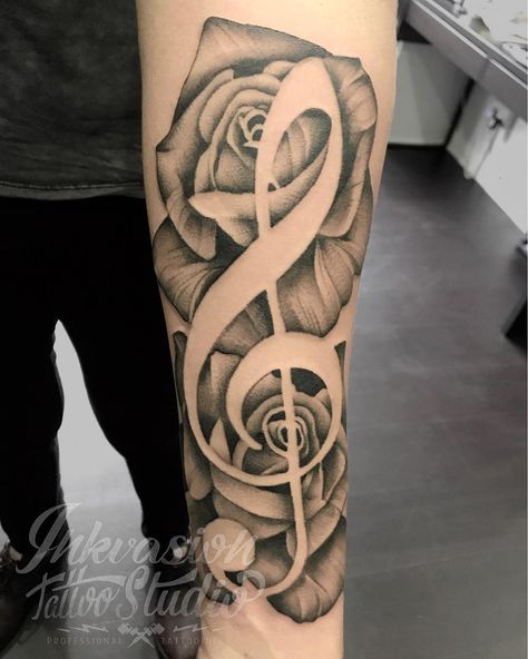 Sleeve Music Tattoo, Musical Forearm Tattoo, Music Arm Sleeve Tattoos, Music Flowers Tattoo, Music Note And Rose Tattoo, Music And Flowers Tattoo, Music Half Sleeve Tattoo, Music Inspired Tattoos For Women, Music Note Tattoo For Men