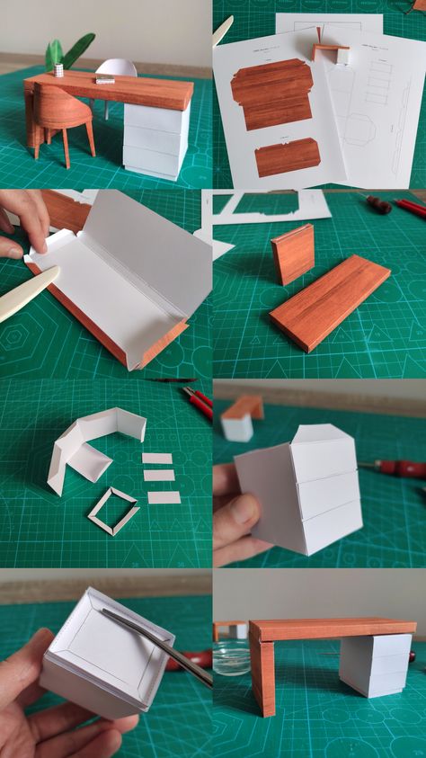 Craft a 1:12 and 1:24 scale office desk model with paper using a printable PDF template. This diy paper craft project is beginner-friendly and all you need are some innexpensive tools and materials, like glue, printer paper and a scoring tool. You can read the instruction with photos, if you need help getting started. You can place the assembled desk model in your dioramas, dollhouse or simply as decoration for your home. Paper Chair Template, Diy Cardboard Miniatures, Diy Paper Miniatures, Paper Furniture Diy, Paper Craft Miniature, Cardboard Paper Crafts, Paper Diy Printable, Miniature Printables Templates, Paper Dollhouse Printable