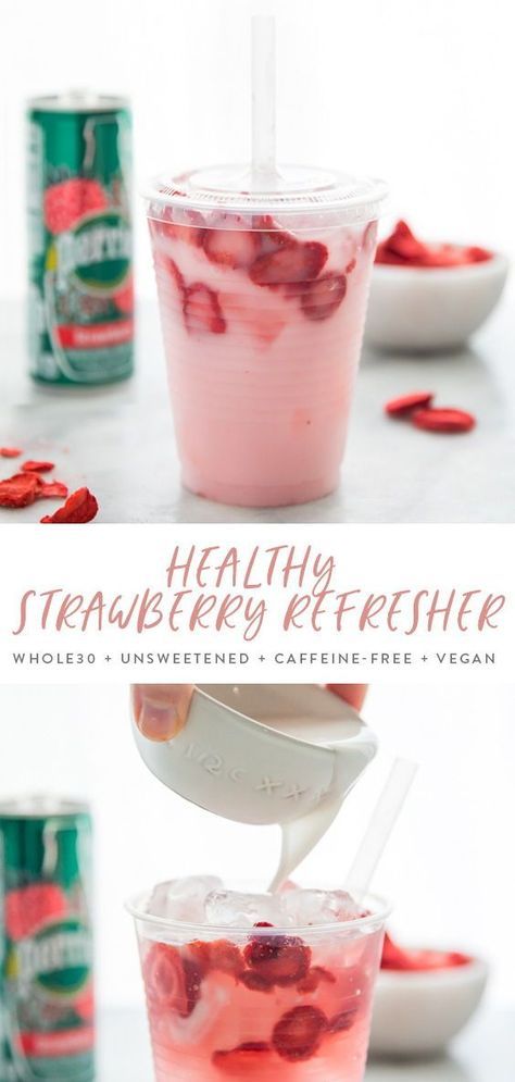 Healthy Pink Drink, Strawberry Refresher, Resep Starbuck, Resep Smoothie, Strawberry Drinks, Vegan Drinks, Healthy Strawberry, Pink Drink, Healthy Drinks Recipes