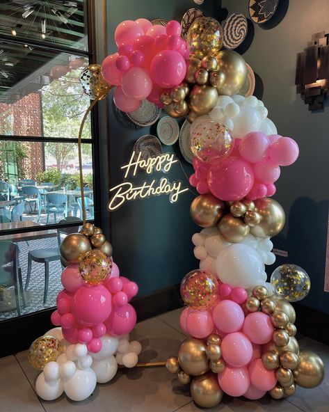 Pink, Gold, and White Birthday Balloon Arch by Capri & Eros Occasions Houston Pink Amd Gold Balloon Garland, Pink Gold And White Birthday Party Decoration, Balloon Garland Pink And Gold, Coral Gold And White Balloon Arch, White Pink Gold Balloon Garland, 40th Birthday Party Balloons, Pink White Gold Party Decoration, Pink Birthday Balloon Arch, Gold And Pink Decorations Party Ideas