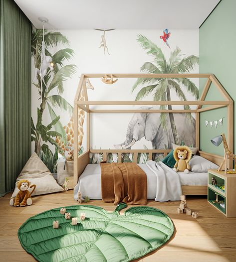 Kids Safari Bedroom, Safari Toddler Room, Boys Jungle Bedroom, Safari Theme Bedroom, Animal Themed Bedroom, Jungle Baby Room, Jungle Bedroom Theme, Jungle Theme Rooms, Kids Jungle Room