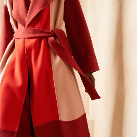 NWT BR x HARBISON | Italian Wool & Cashmere Color-Block Oversized Robe Coat. Color Block Coats, Designer Outerwear, Trench Coat Outfit, Belted Robe, Concept Clothing, Cashmere Color, Print Coat, Red Clay, Coat Outfits
